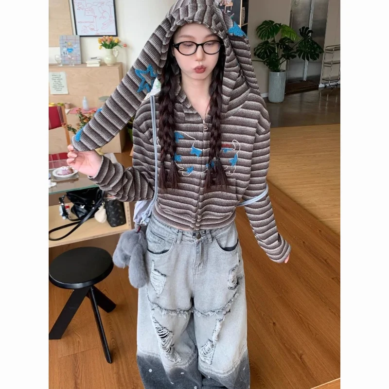 سويت شيرت نسائي بقلنسوة على شكل آذان أرنب حلوة وحارة بتصميم كاجوال بسحاب سترة قصيرة