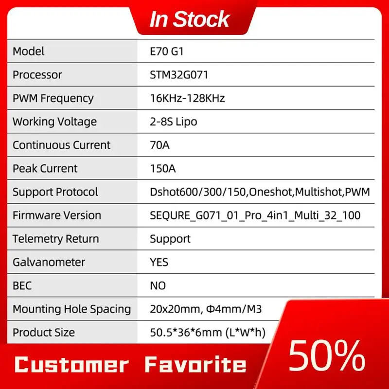 AT03 Top E70 G1 4-in-1 ESC 2-8S 70A Blheli 32-Bit 128K UAV ESC per FPV Racing Supporta l'aggiornamento in tempo reale dei dati della velocità del motore Du