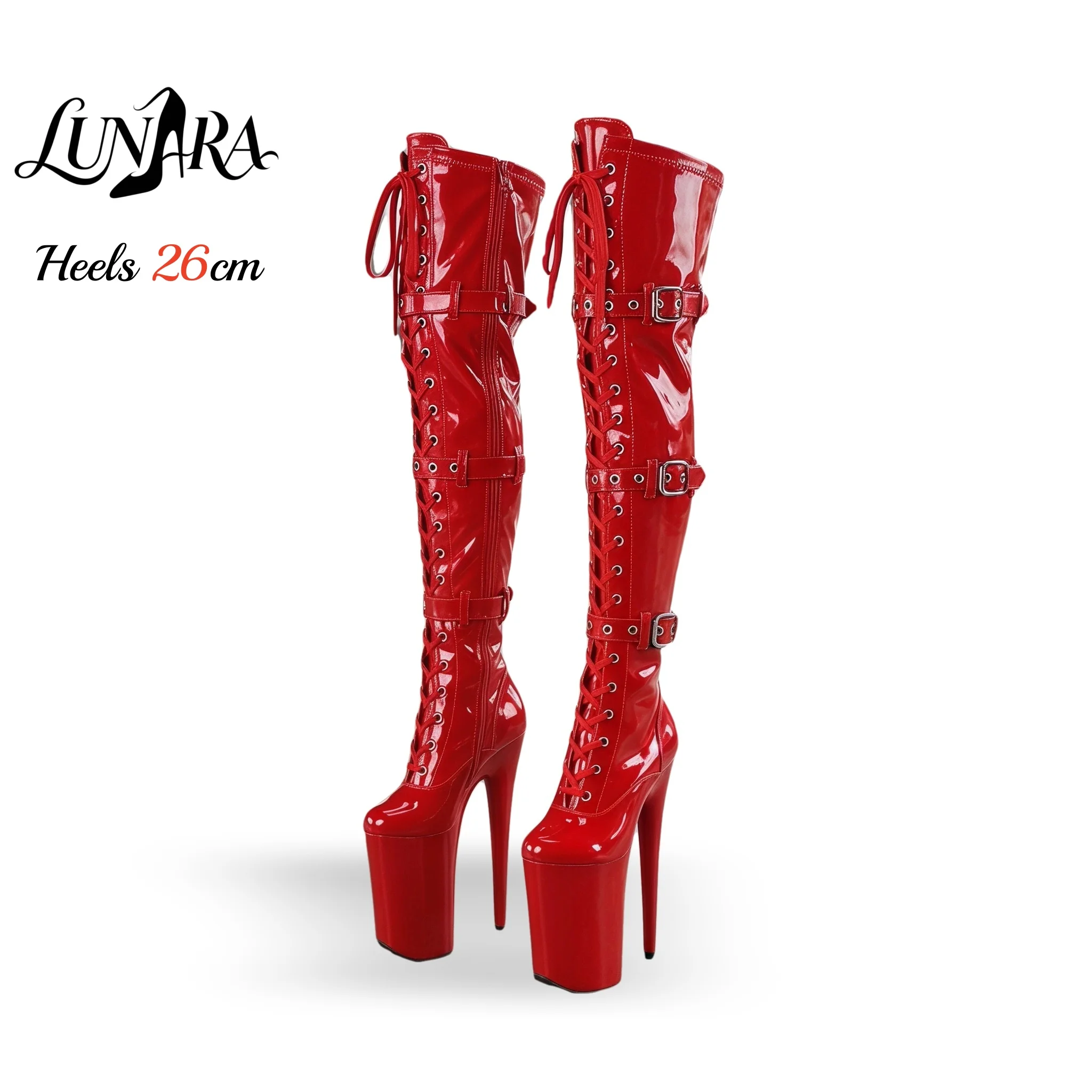 Womens 26cm/10Inch Black Patent Leather Lace-up Zip Buckle Platform Chunky Heel Thigh High Boot Stripper Shoes Nightclub Rave