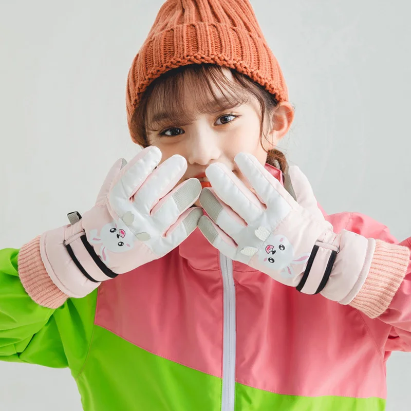 Cute Kids Winter Gloves for Girls Boys Thicken Windproof Children Ski Gloves Snow Sports Child Mittens for Snowboard 4-12Y