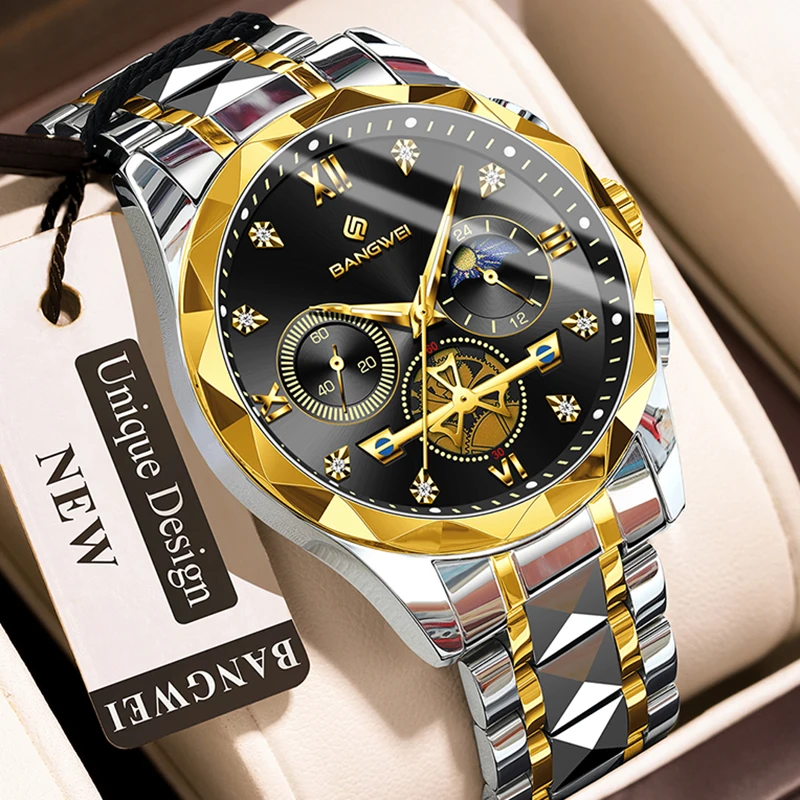 

BANGWEI New 24 Hour Moon Phase Watch Men Casual Sports Quartz Chronograph Wrist Watches for Men Waterproof Luminous Men's Watch