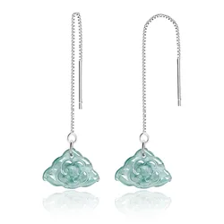High End Natural A-grade Jade Blue Water Lotus Ear Line S925 Silver Ice Jadeite Fashionable Women's Earrings Jewelry Drop Ship