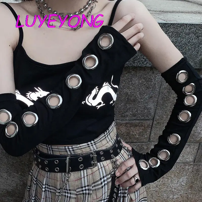 Wholesale Arm Warmer Punk Elbow Length Sleeve Cool Stretch Character Eyelet Sport Outdoor Gothic Hollow Out Unisex Women Black