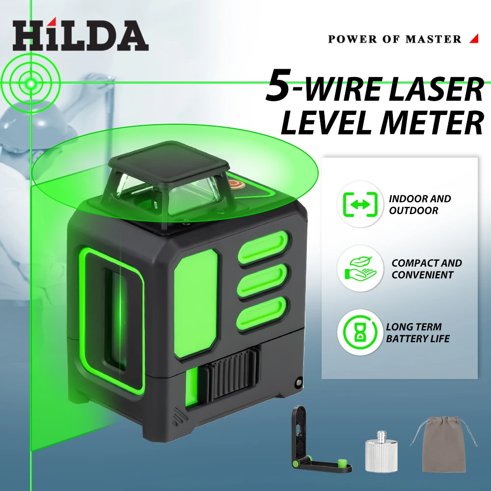 HILDA 5 Lines Laser Level Self-Leveling Meter Cross Green Level Laser Horizontal & Vertical Laser Level Measuring Tools ﻿