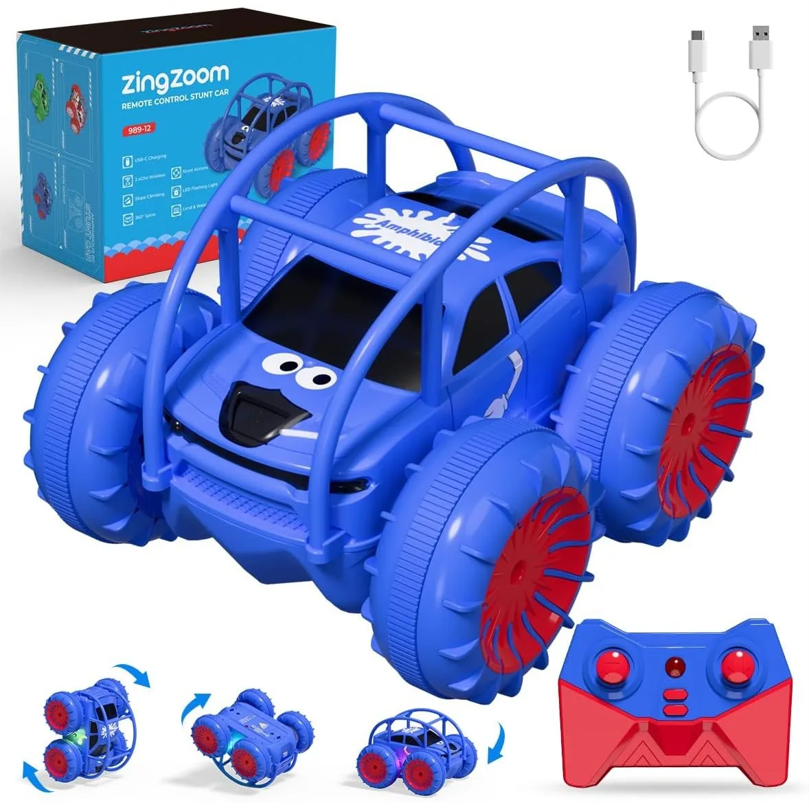 

Remote Control Car, 4WD All Terrain RC Cars Amphibious 360° Rotating LED Rechargeable Stunt Car 2.4Ghz Fast USB-C Direct