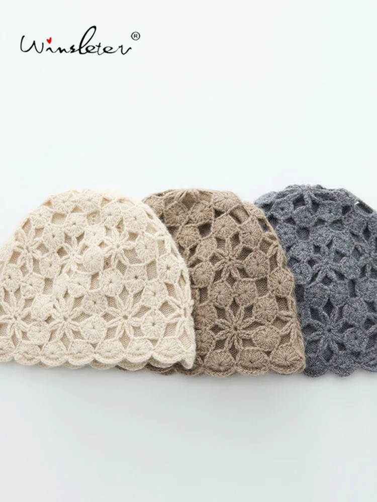 Winsleter-100%Cashmere Elegant Knit Hat, Hollowed-out Crochet, Women Versatile Riding Windproof Cap, 2026 Autumn New A68745CC