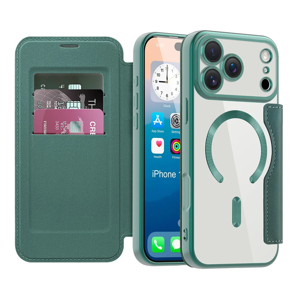 Voor Magsafe Clear Flip Leather Slot Card Bag Holder Magnetische telefoonhoes voor iPhone 17 Pro Max Air Wireless Charging Wallet Cover