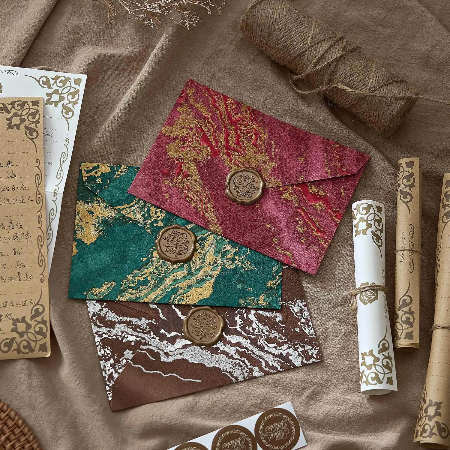 4 Envelopes set with Sealing Wax Stickers Vintage Gilt Envelope Hard Paper kit Retro Embossed for Letters Invitation Wedding