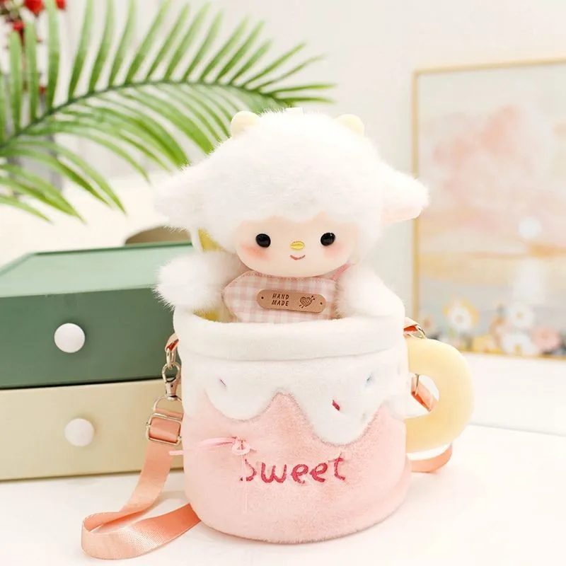 JIAERDI Sweet Cute Lamb Cup Shoulder Bag Women Letter Embroidery Mini Cylinder Bag Ladies Lolita Plush Bow Crossbody Bags 2025