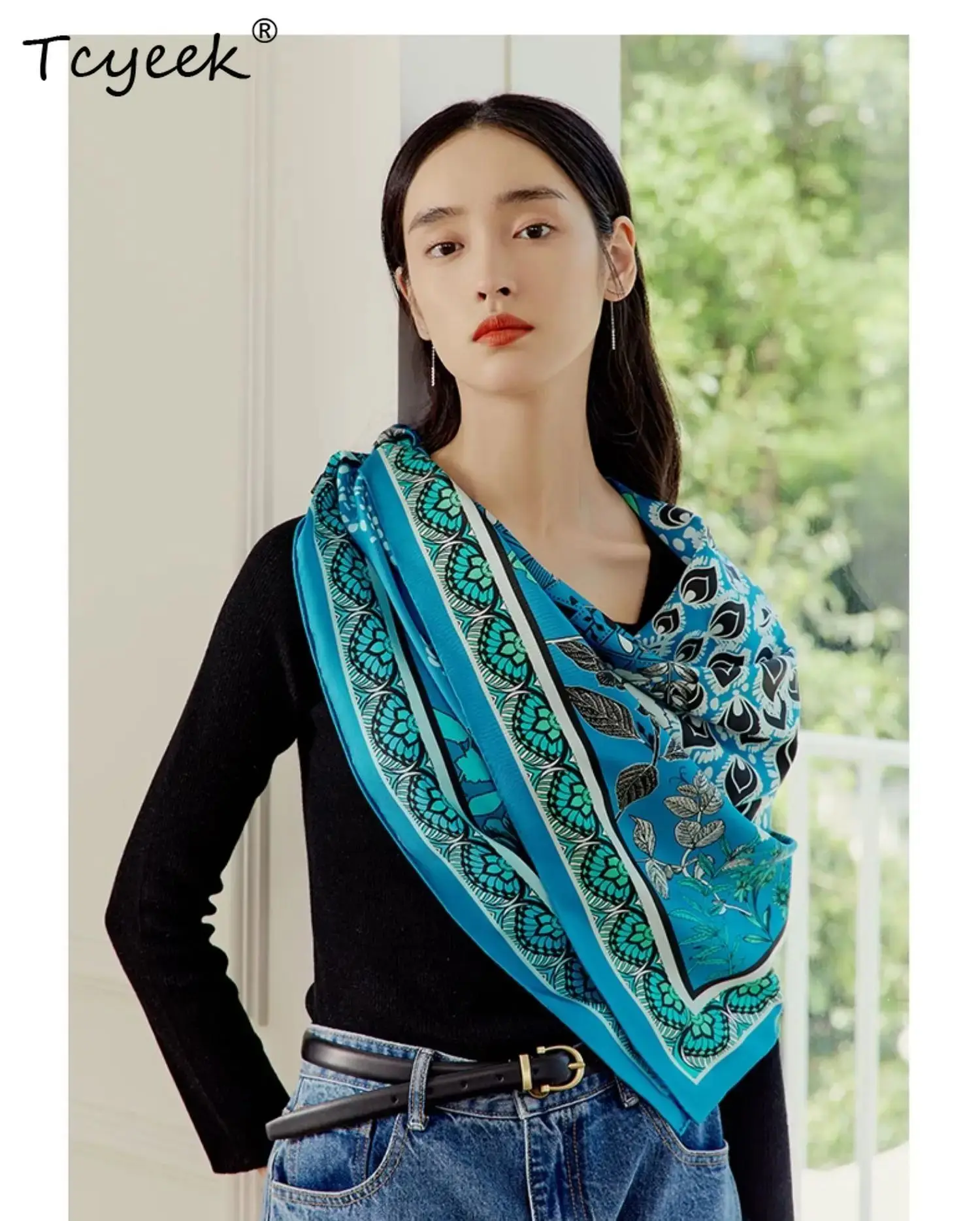 

Tcyeek, 100%Mulberry Slik Elegant Kerchief, 88cm Women Chic Printed, Gifts Original Design Scarf, Summer Autumn New A46265QM