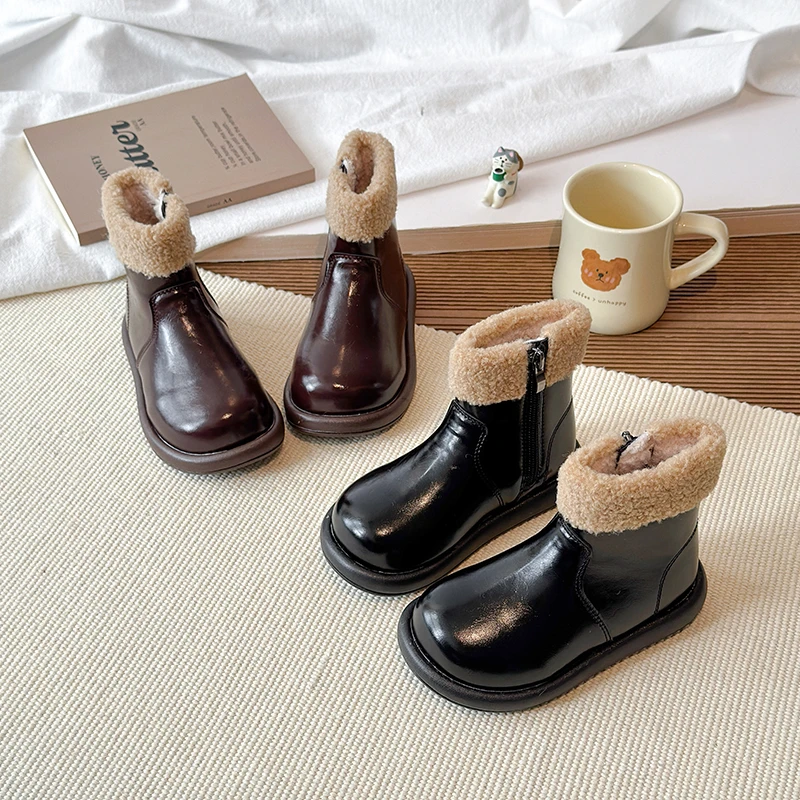 

Новые детские зимние ботинки для девочек, уличные пушистые детские модные ботильоны, нескользящие повседневные плюшевые ботинки на молнии для малышей в стиле ретро