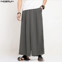 INCERUN 2023 Men Pants Solid Color Elastic Waist Wide Leg Trousers Men Pleated Streetwear Japanese Style Vintage Pants S-5XL