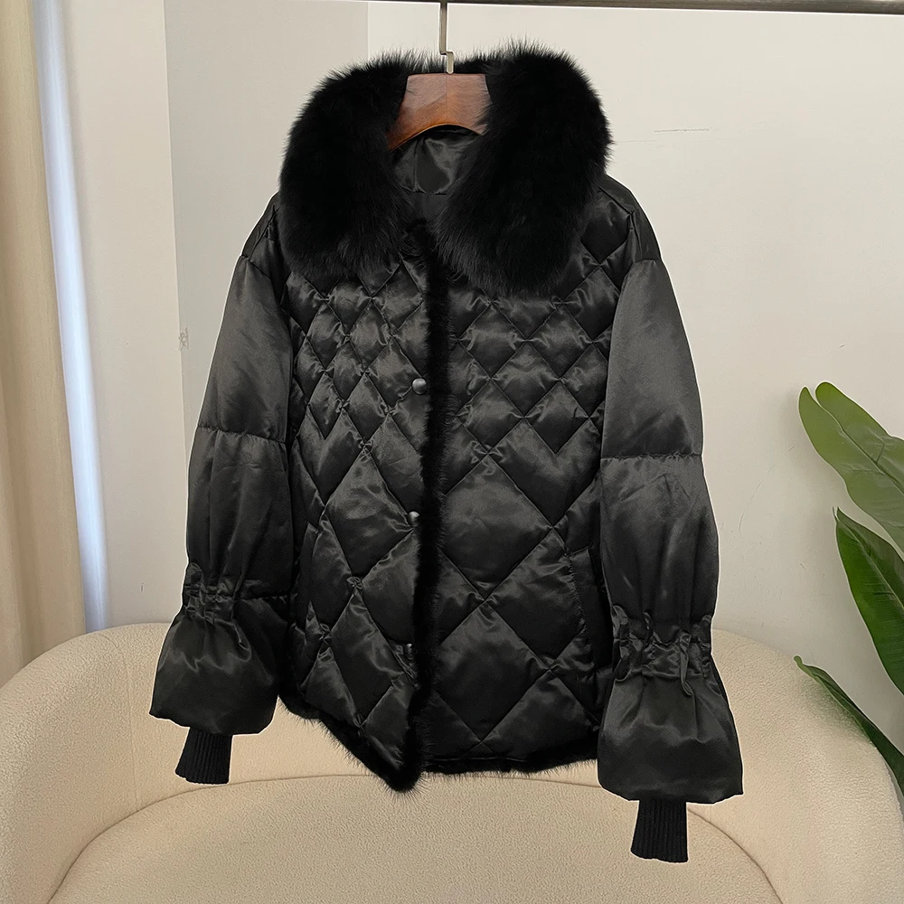 OFTBUY Real Mink Fur Puffer Jacket Natural Fox Fur Jacket Women Autumn Winter Large Fur Collar Short Casual White Duck Down Coat