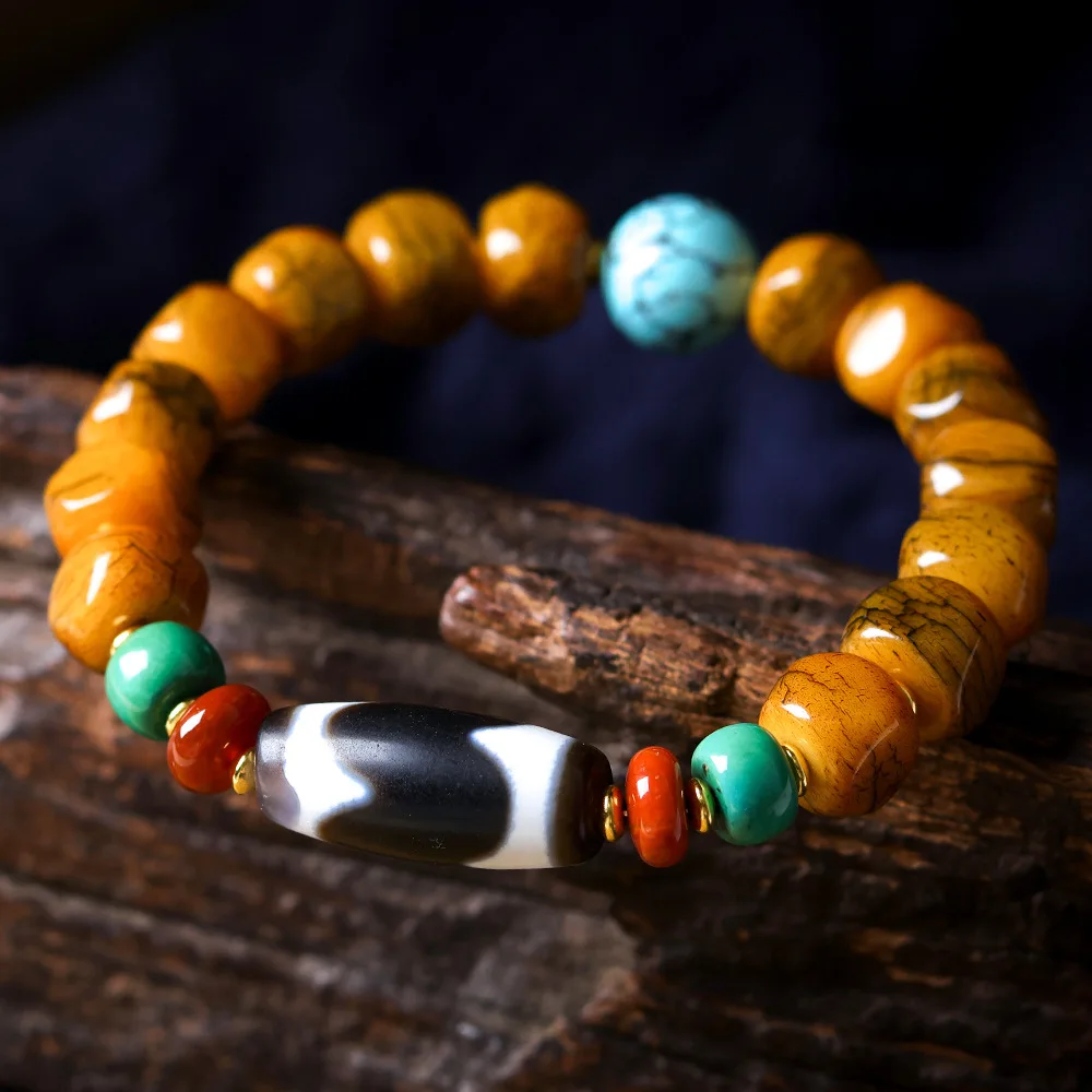 Tibetan-Style Crackle Pattern Yak Bone Square Bead Bracelet Antique Tiger Tooth and Heavenly Bead Bracelet Ethnic-Style Jewelry