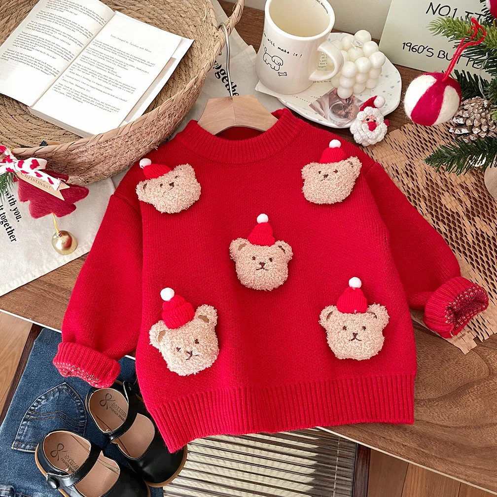 

Baby Girls Clothes Sweater Cute Cartoon 3D Bear Long Sleeve Knit Thickened Warm Pullover Autumn Winter Kids Bottom Shirts 2-7Y