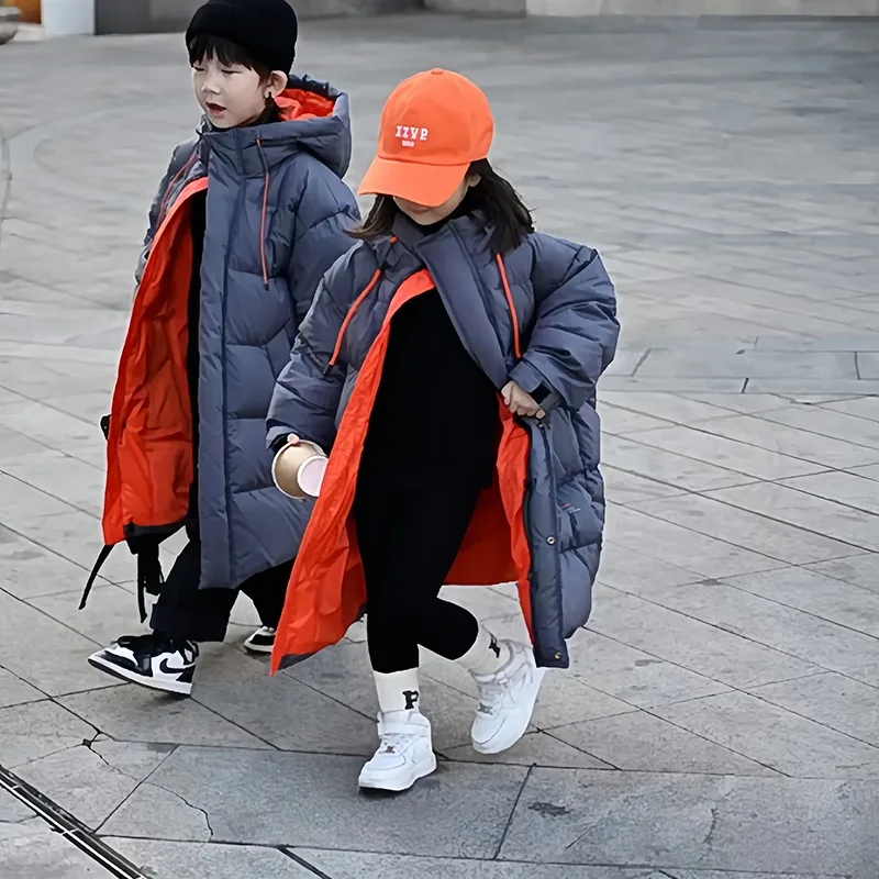 2025 Winter Kids' Unisex Long Parka with 90% White Duck Down - Over-Knee Heavy Insulation, Warm & Trendy Design for Big Kids