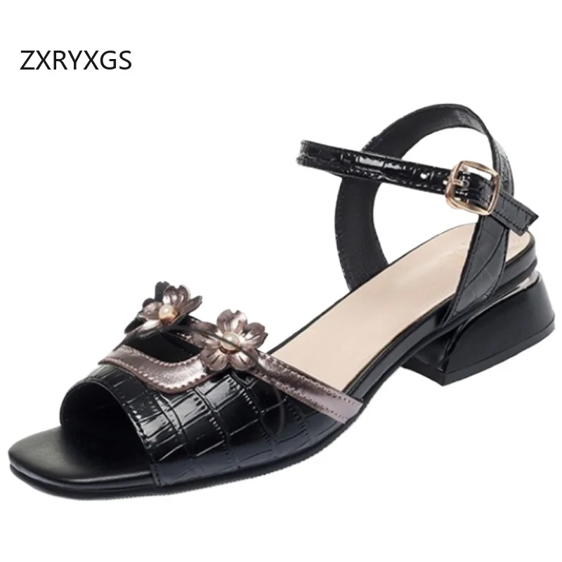 

ZXRYXGS 2025 новые модные летние сандалии из натуральной кожи с цветами, модная обувь, удобные элегантные банкетные сандалии большого размера на низком каблуке