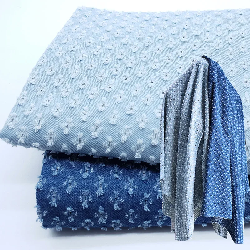 

Washed Jacquard Denim Fabric Leopard Small Punching Holes Stripe Chinese Character Print Fabric Spring Autumn Clothing Sewing