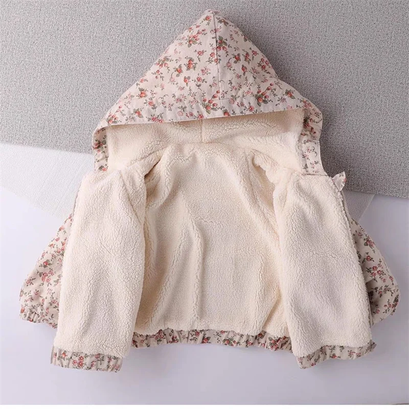 Kids Padded Thick Jacket Girls Warm Hooded Coat Children\'s Floral Clothing Autumn Winter Plus Velvet Outerwear New Casual Parkas