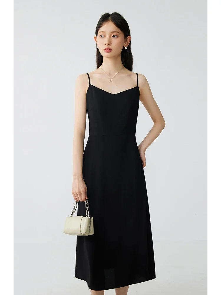 

French Style Side Slit Adjustable Straps Suspender Long Dress Summer Slim Solid Black Dress Elegant Women Casual Dress