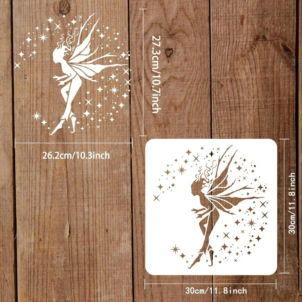 Fairy Stencil for Painting 11.8x11.8 inch Wisdom Fairy Stencil Reusable Wings Fairy Wands Craft Stencils Plastic PET Stars