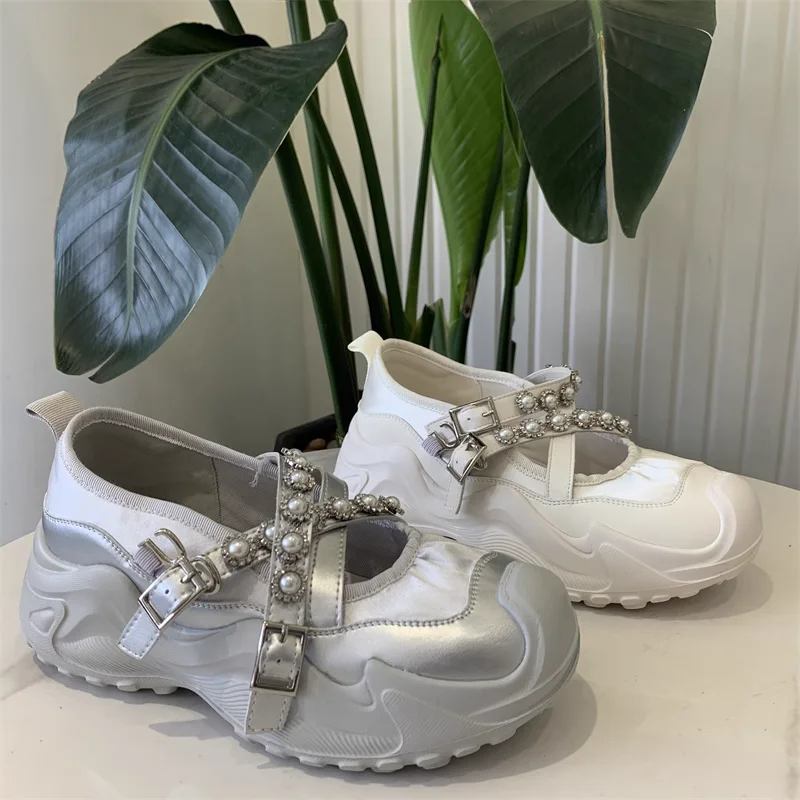

Fashion Designer Women Shoes Thick-Soled Women Casual Shoes Mary Jane Sneakers Comfortable Non-Slip Shoes Pearl Strap Flats Wome