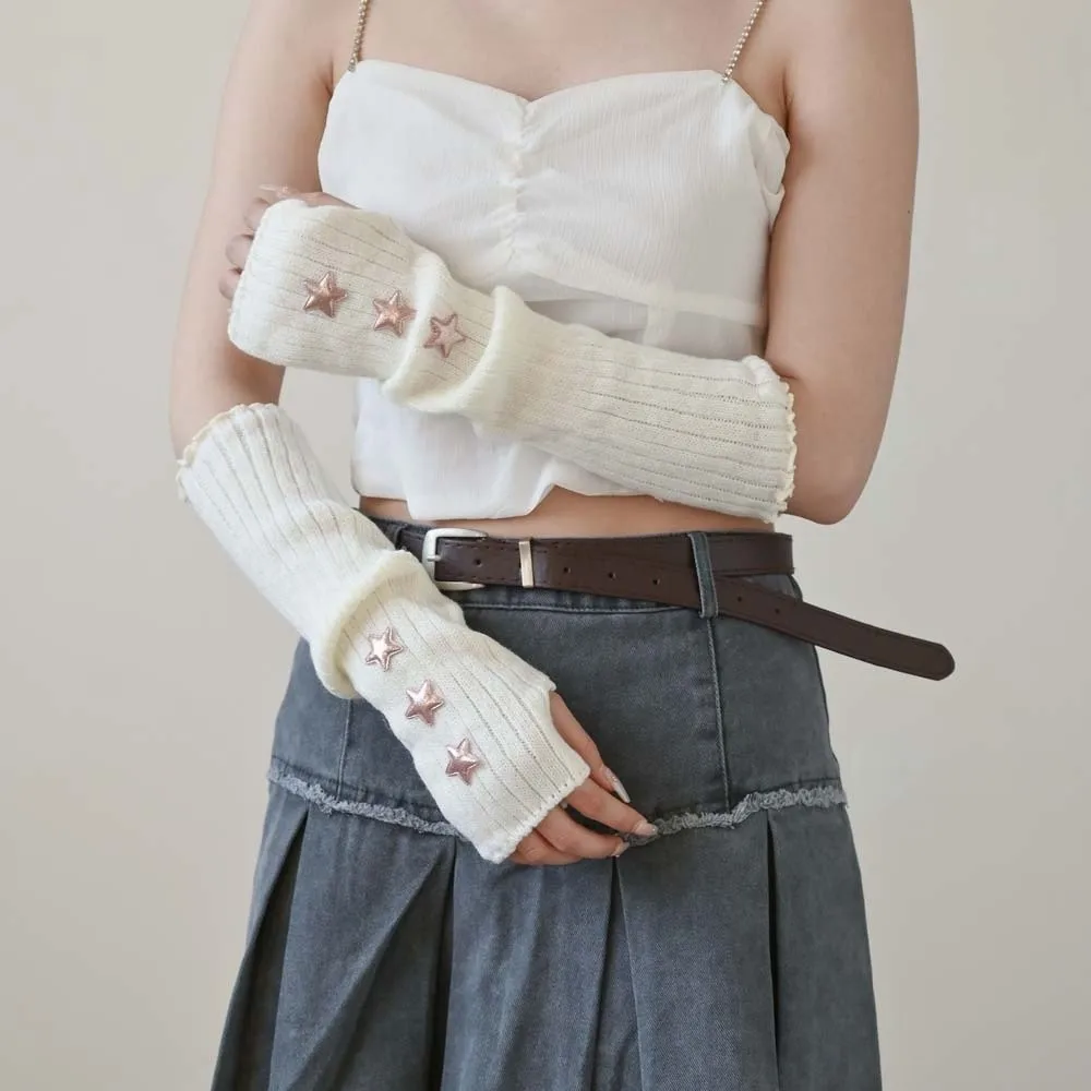 Elastic Knitted Fingerless Sleeves Solid Color Gothic Y2K Star Arm Cover Hip-hop Long Warmer Long Cuff Women
