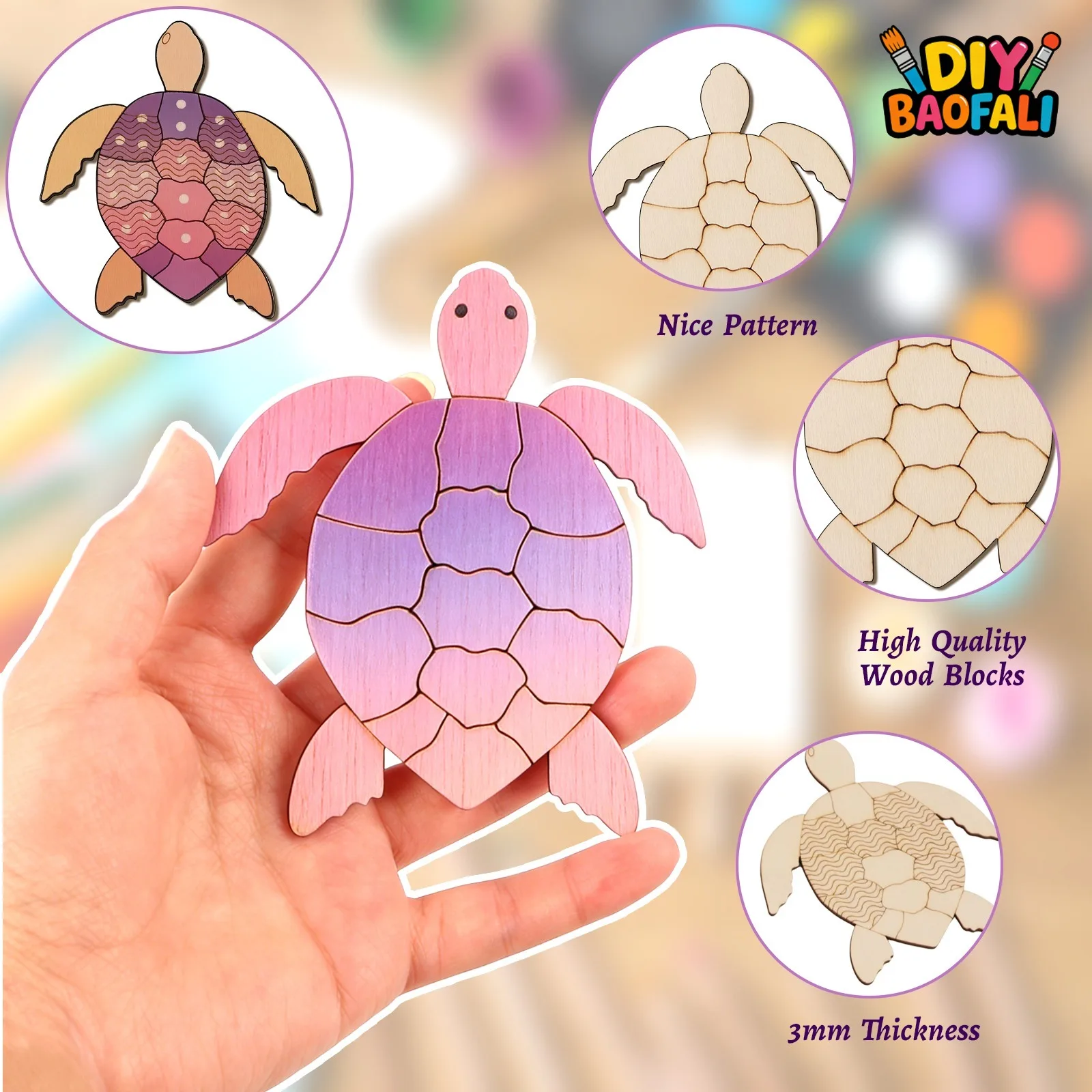 20Pcs Unfinished Wooden Turtle Cutouts, 4 Styles Blank Wood Sea Turtle Ornaments, DIY Painting Craft Supplies for Home Decor
