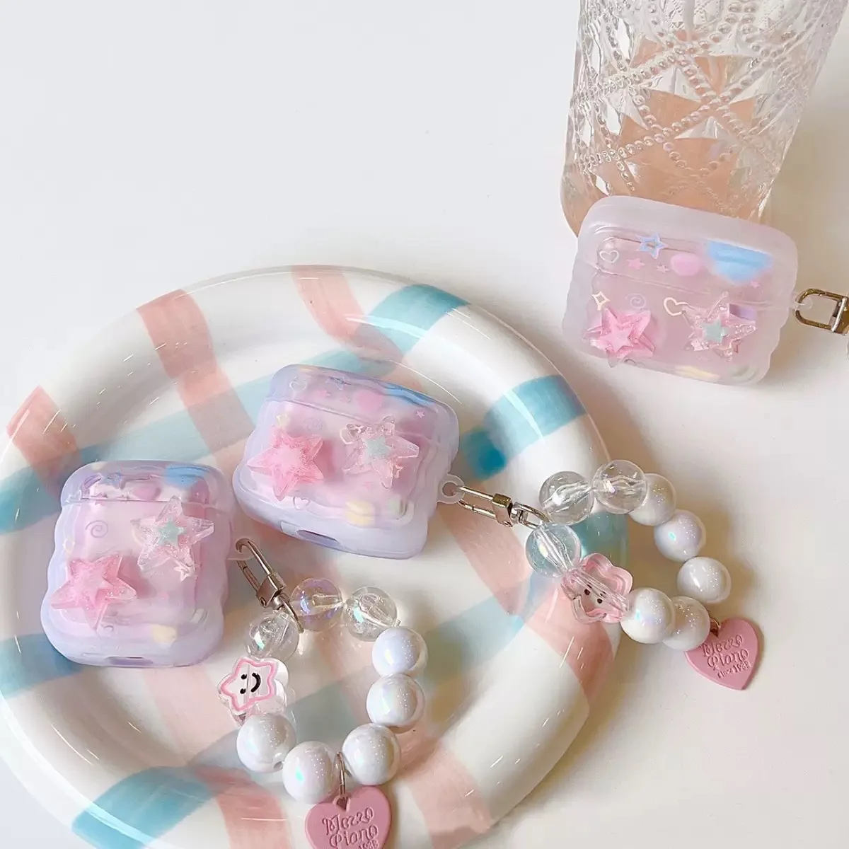 Korean Cute 3D Pink Star Wavy Border Headphones Case For AirPods 1 2 3 With Love Heart Bead Pendant Soft Cover For AirPods Pro 2