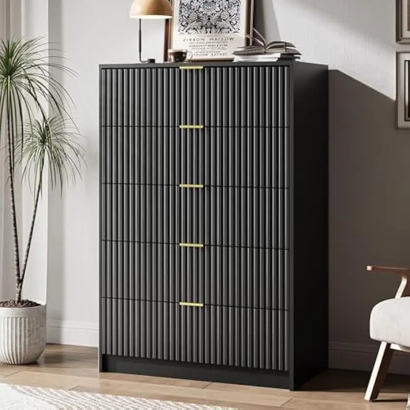 47.3 inch tall vertical fluted floor cabinet with five smooth-gliding drawers in matte black finish measuring 31.5 wide by 15.7