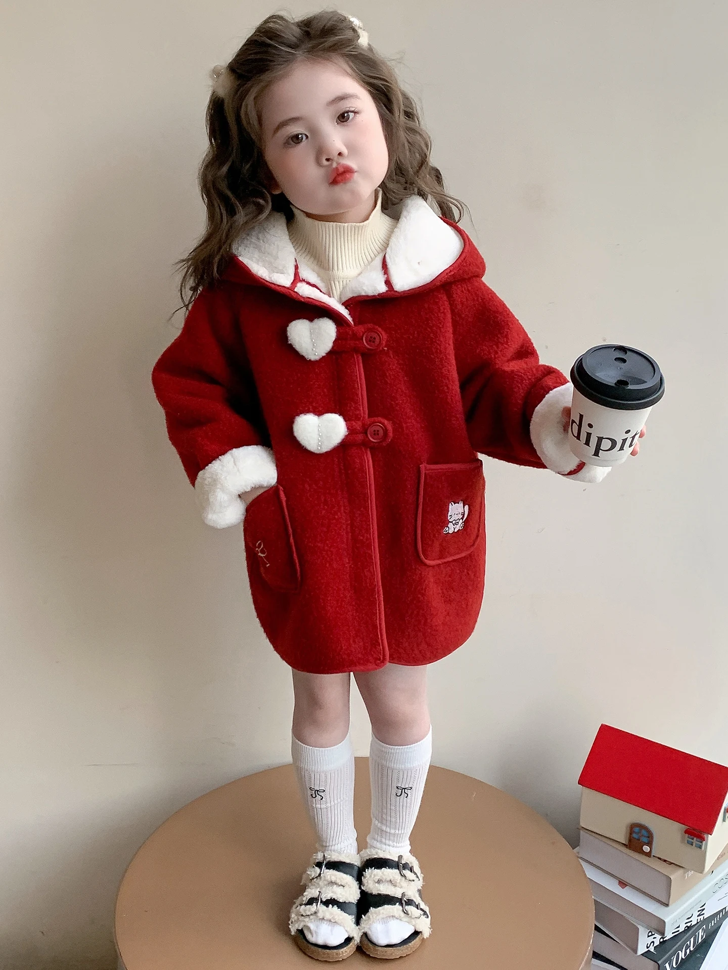 

Girls Fce Lined Plaid Woolen Coat Winter 2025 New Sle Street Faion Children's One-Piece Velvet Coat Korean Baby Winter...