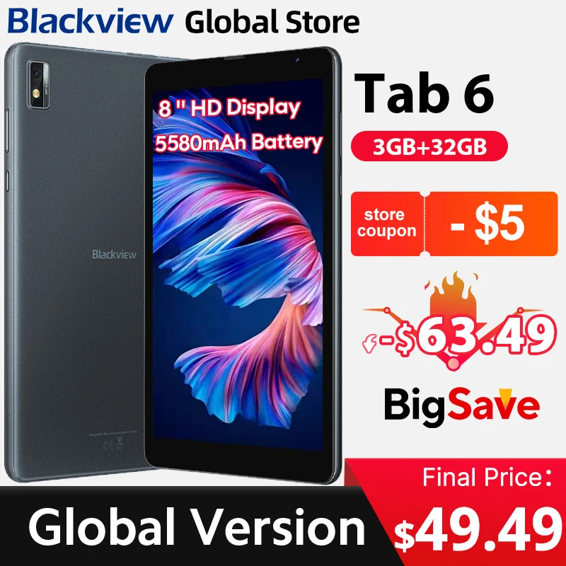 Blackview Tab 6  Tablet  8'' HD Display Unisoc T310  3GB 32GB 4G 3.5mm jack 5580mAh Battery GPS 5MP Camera Android 11 Pad PC