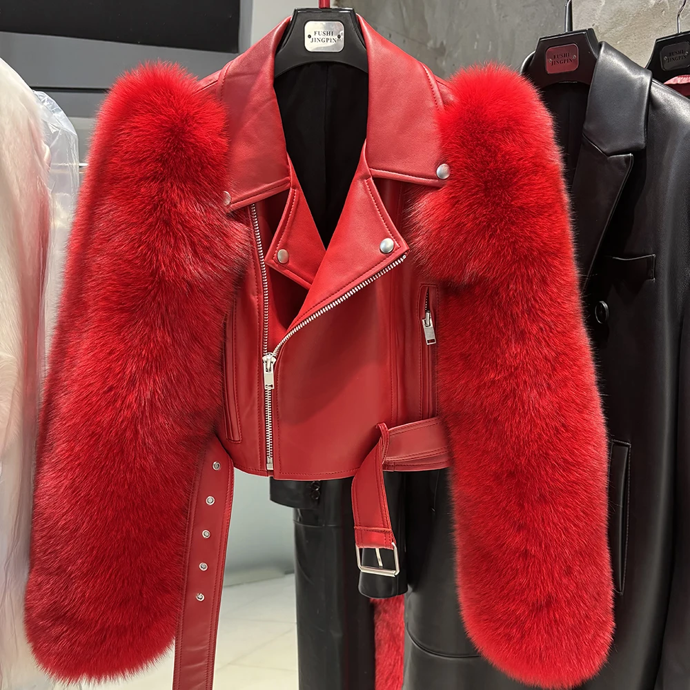 YOLOAgain Real Fox Fur Sleeve Sheepskin Leather Jacket Women Brown