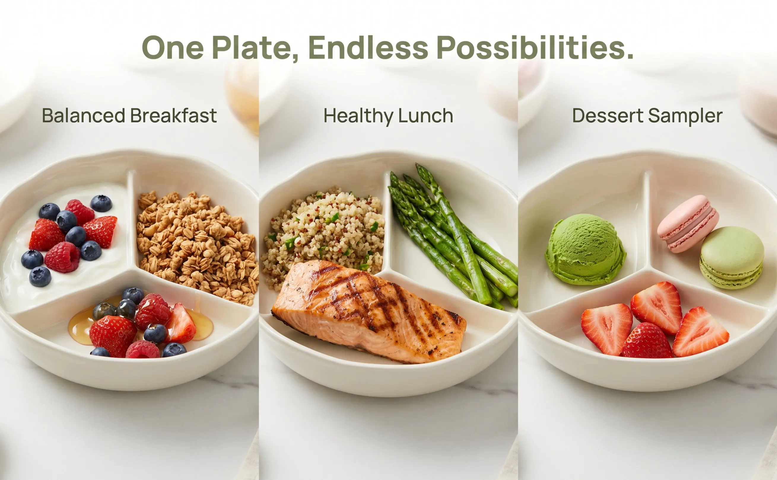 Meal Prep Healthy - Divided Dinner Plate Ceramic 3-Compartment Round