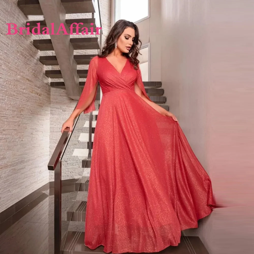 

BridalAffair Shimmer Watermelon Red Evening Gown V Neck Cape Long Sleeve Glitter Prom Dress Plus Size Women Formal Occasion Gown
