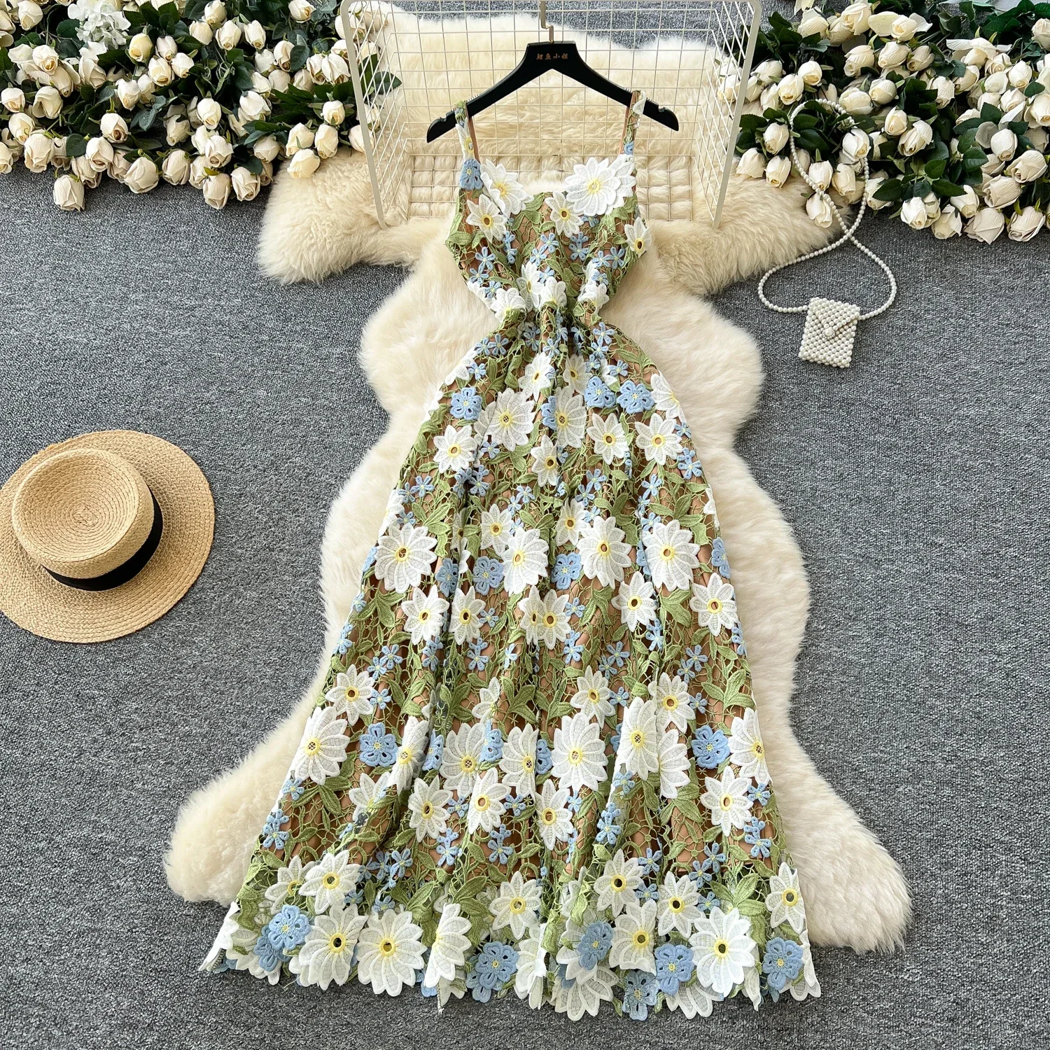 

Summer Embroidery 3D Floral Dress Women Sleeveless Hook Flower Hollow Backless Dress Light Luxury Elegant Female Long Dresses