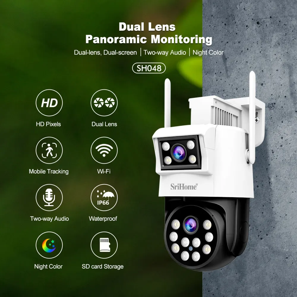 srihome 4mp ao ar livre wifi camera ip de lente dupla sh048 128g ai rastreamento cameras de protecao seguranca video cctv cameras de vigilancia 01