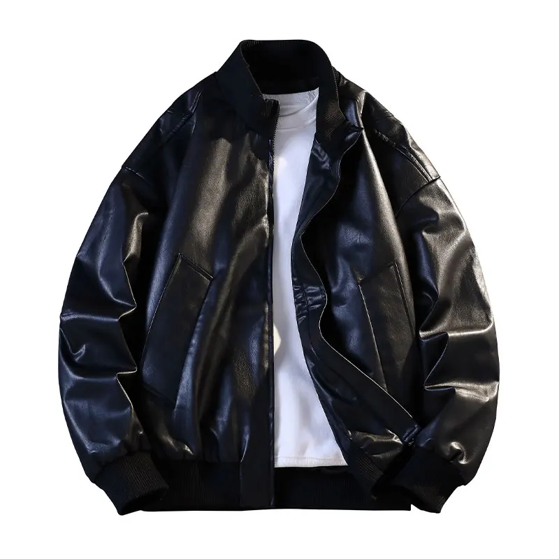 ربيع الخريف قصيرة المتضخم الأسود لينة بولي Leather سترة جلدية الرجال سستة معاطف جلدية ملابس عادية الأمريكية خمر #5