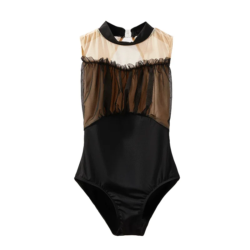 여성 발레 레오타드 민소매 스탠드업 칼라 메쉬 러플 홀로 레오타드 성인 소녀 스케이트 폴 댄싱 바디수트 수영복