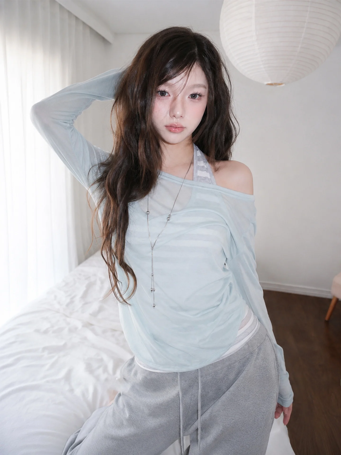 Korean Style Long Sleeve Shoulder Bared Neck Hanging Women's T-shirt Slimming Atmosphere Semi Transparent Summer Top for Ladies