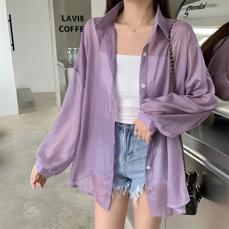 Korean Style Balloon-Sleeve Sheer Chiffon Cardigan Women Summer Long Sleeve Button Up Shirts Holiday Beach Thin Cover Up Coat