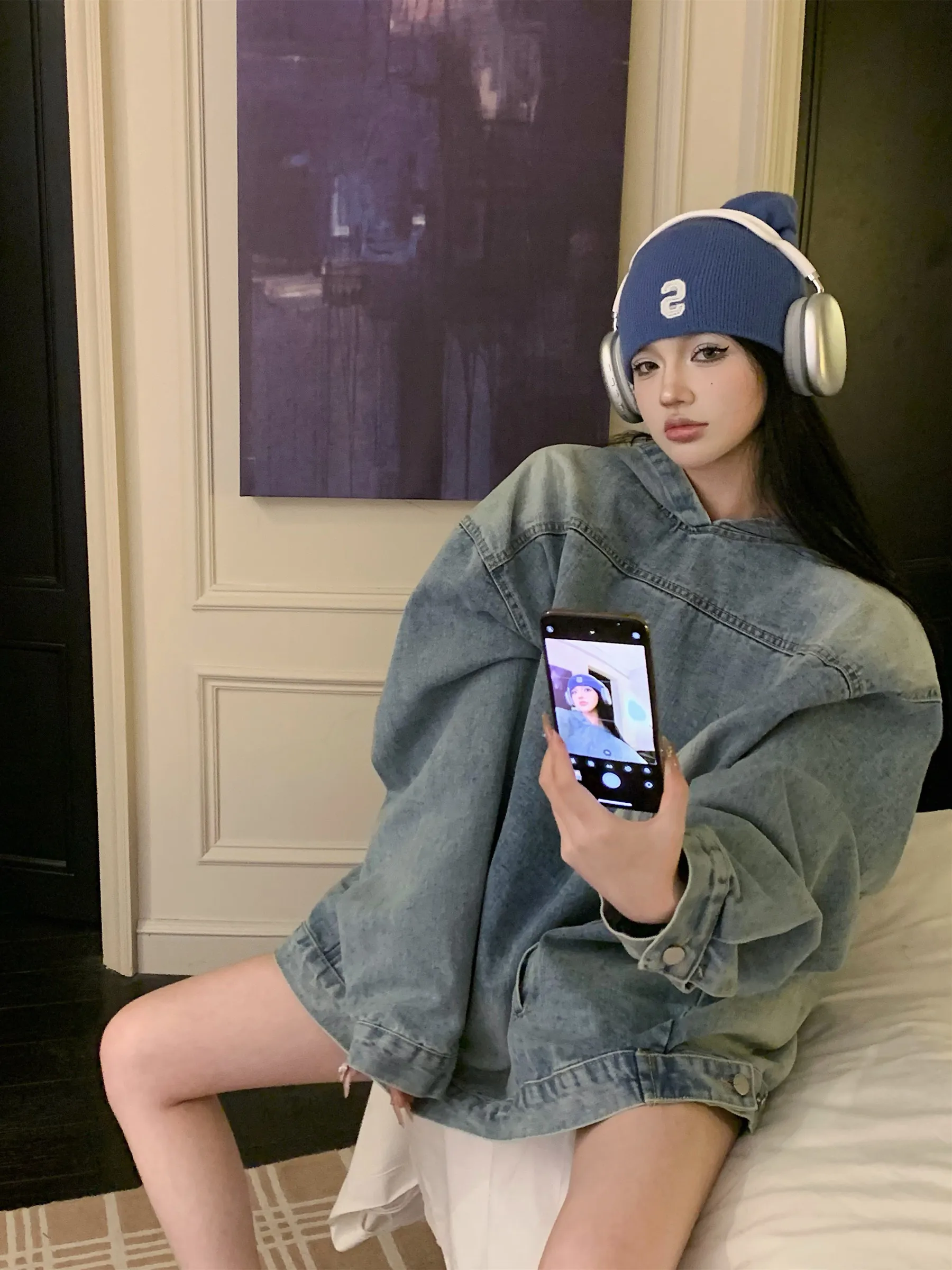 Washed Hooded Denim Hoodie Jacket For Women's Winter New Mid Length Niche Oversize Long Sleeved Top