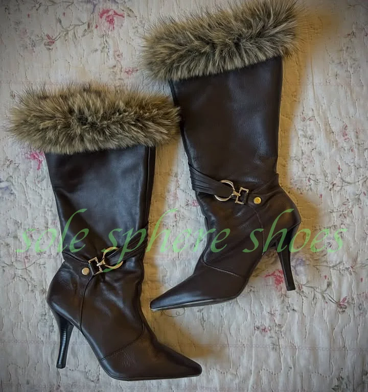 Dark Brown Leather Knee High Stiletto Boots Faux Fur Trim Metal Buckle Strap Pointed Toe Elegant Winter Party Women Gothic Boots