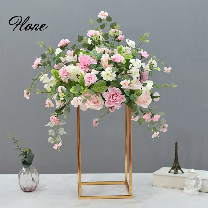 Electroplated Iron Geometry Stand Artificial Flower Wedding Centerpieces Table Floral Road Guide Backdrop Stage Decoration