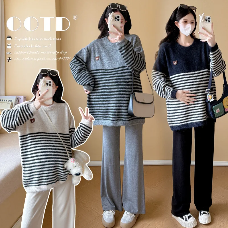 abbigliamento-premaman-autunno-inverno-stile-casual-carino-morbido-con-scollo-rotondo-maglione-a-righe-e-pantaloni-a-gamba-larga-per-la-gravidanza