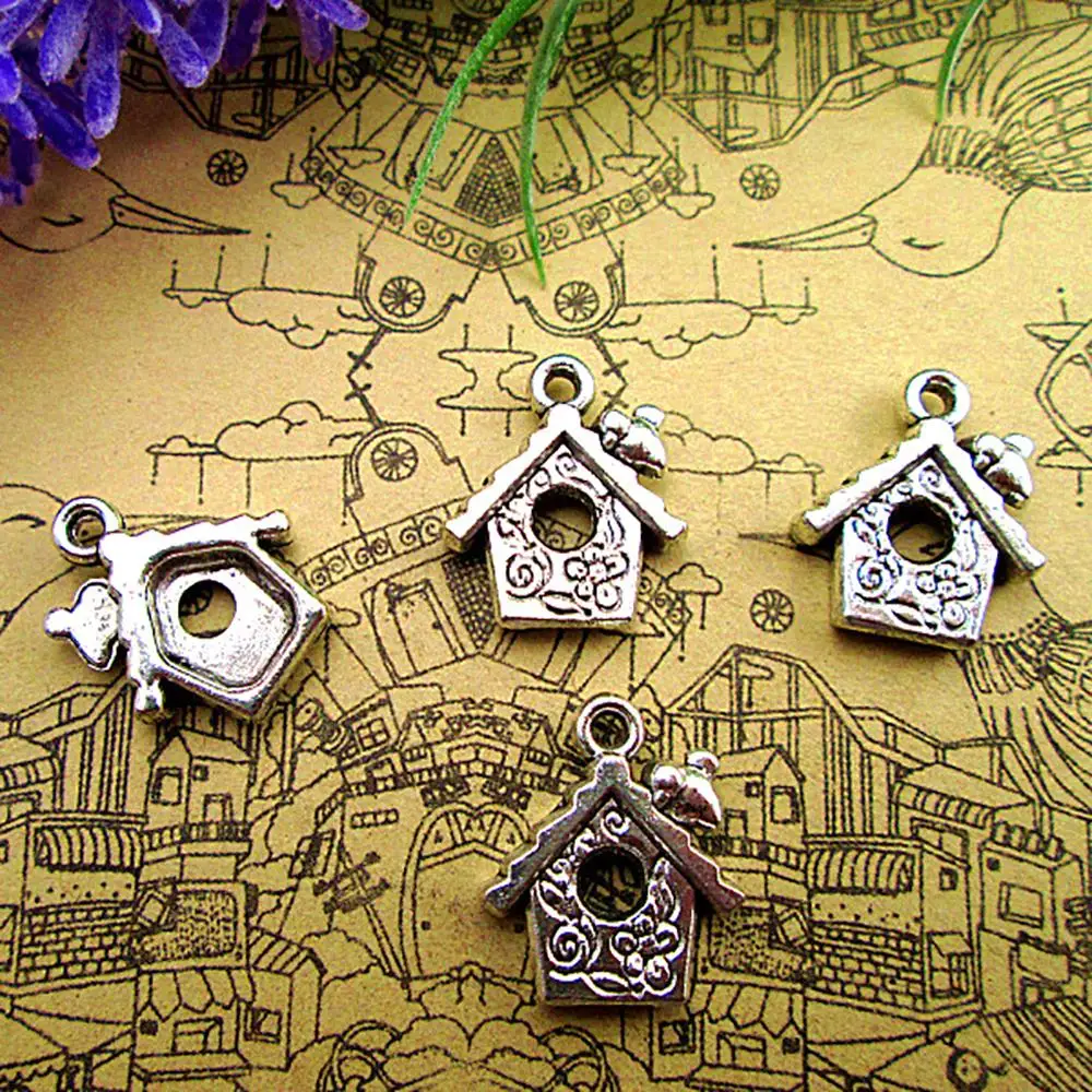 

60pcs--14x20mm Bird House Charms For Jewelry Making Diy Findings Antique Silver Color Alloy Pendants