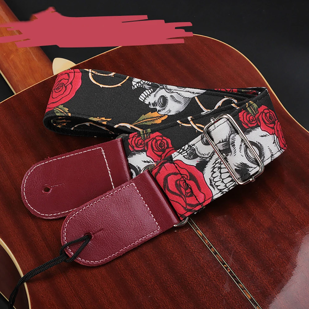 Guitar Strap/Bass Strap,5cm Wide Cotton Belt for Acoustic/Electric/Bass Guitar Beautiful Rose with Cool Skull Pattern