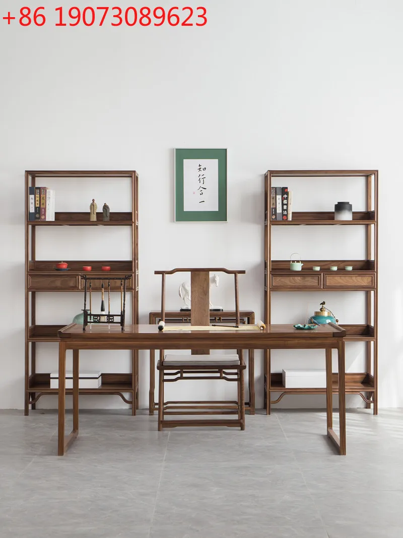 Combinazione di librerie da scrivania in noce nera, tavolo da pittura e calligrafia in legno massello, tavolo da tè in olmo, nuovo stile cinese