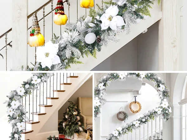 

9ft Pre-lit Artificial Christmas Garland with 100 LED Lights, Battery Operated, Mixed White Flower, Balls & Pine Cone, for Stair