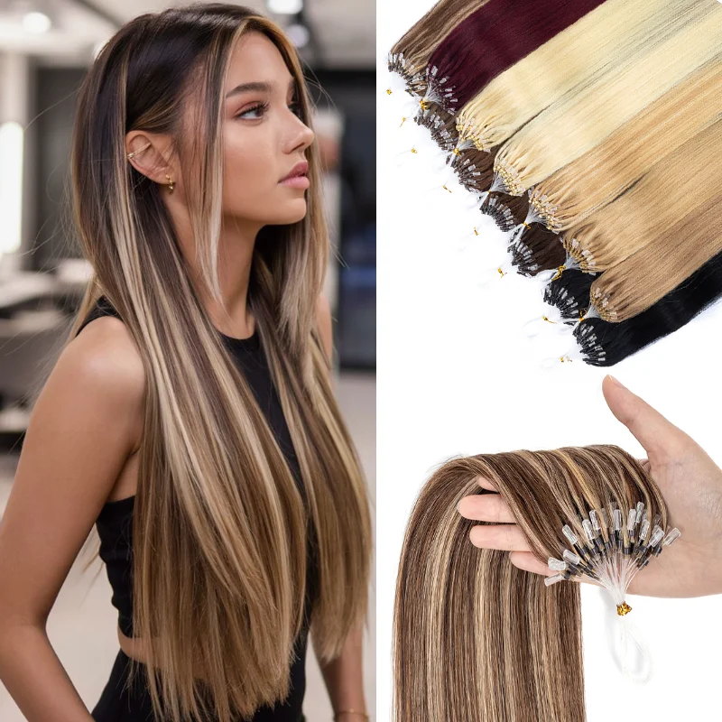 Micro Link Echthaar-Extensions 100% Echtes Natürliches Haar 30g Unsichtbare Fischleine Micro Beads 50 Strähnen für Mehr Volumen